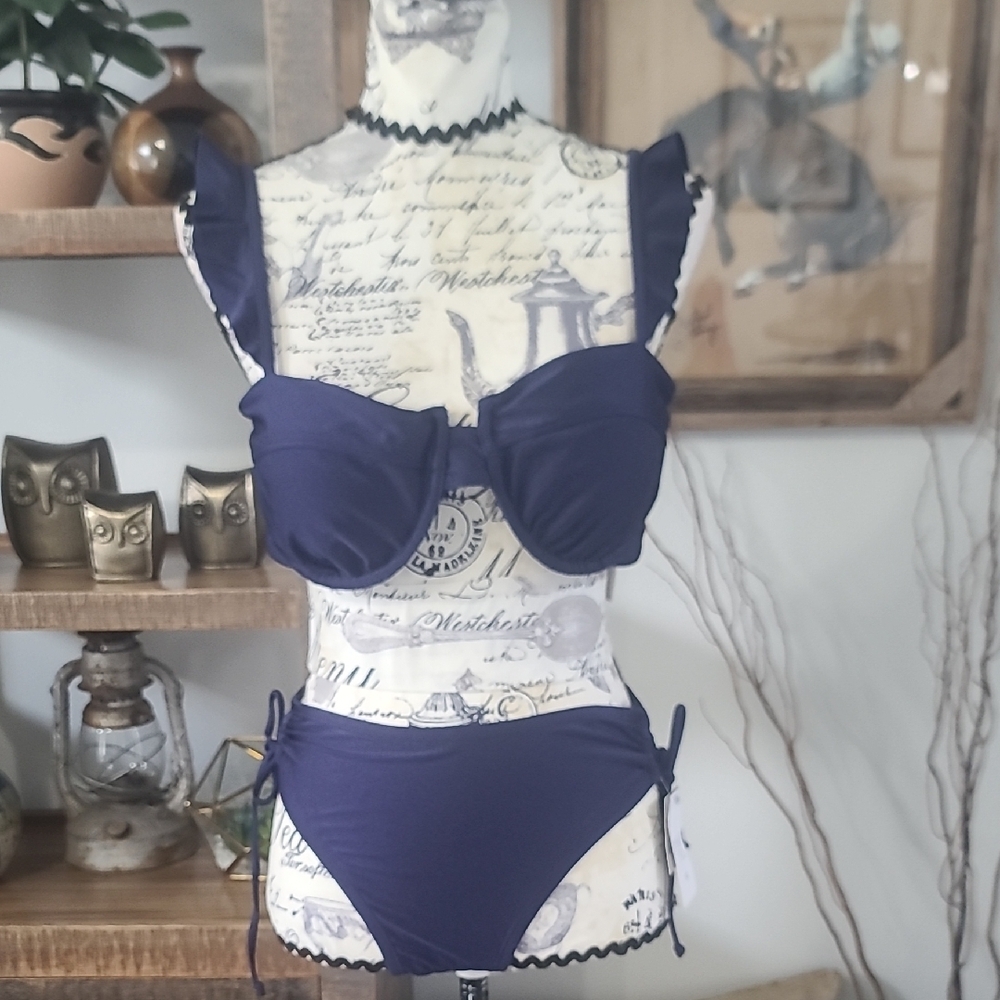 Time And Tru Navy Ruffle Strap Bikini Set